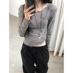 良良家温柔纯欲刺绣花朵长袖T恤女秋季新款设计感微透打底衫上衣