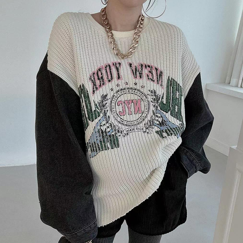 chic字母印花拼接牛仔针织卫衣女