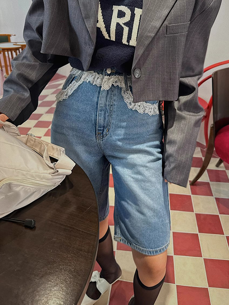 小众设计蕾丝花边拼接牛仔裤女