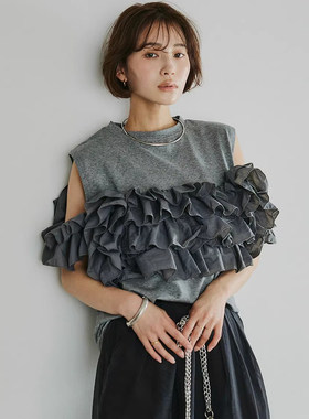 重工立体盘花透气露肩T恤上衣女