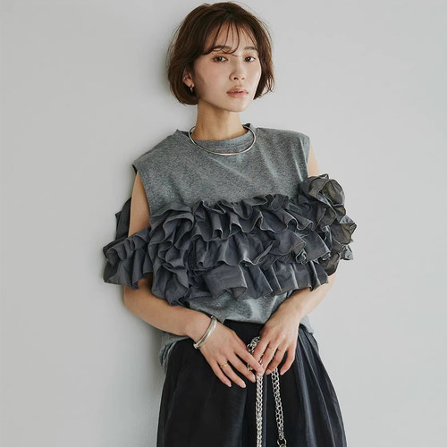 重工立体盘花透气露肩T恤上衣女