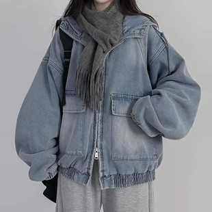 复古慵懒风双口袋连帽牛仔外套女秋冬季内里加绒宽松加厚百搭棉衣