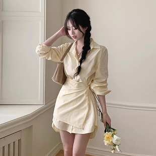 小众设计感系带收腰显瘦假两件衬衫 新款 连衣裙短裙女 春季 良良家