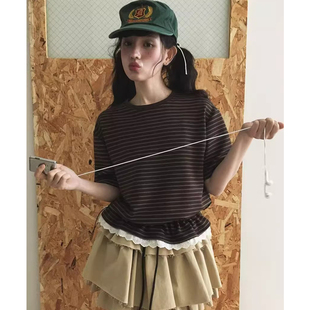 新款 T恤女春季 抽绳收腰休闲上衣 复古风条纹拼接蕾丝短袖 良良家