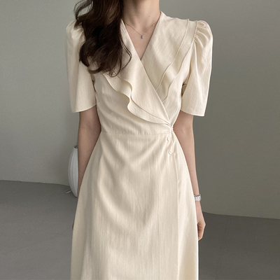 韩系复古双层领斜扣一片式连衣裙