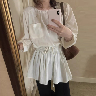 设计感口袋荷叶边裙摆抽绳系带衬衫 女早春气质中长裙收腰显瘦上衣