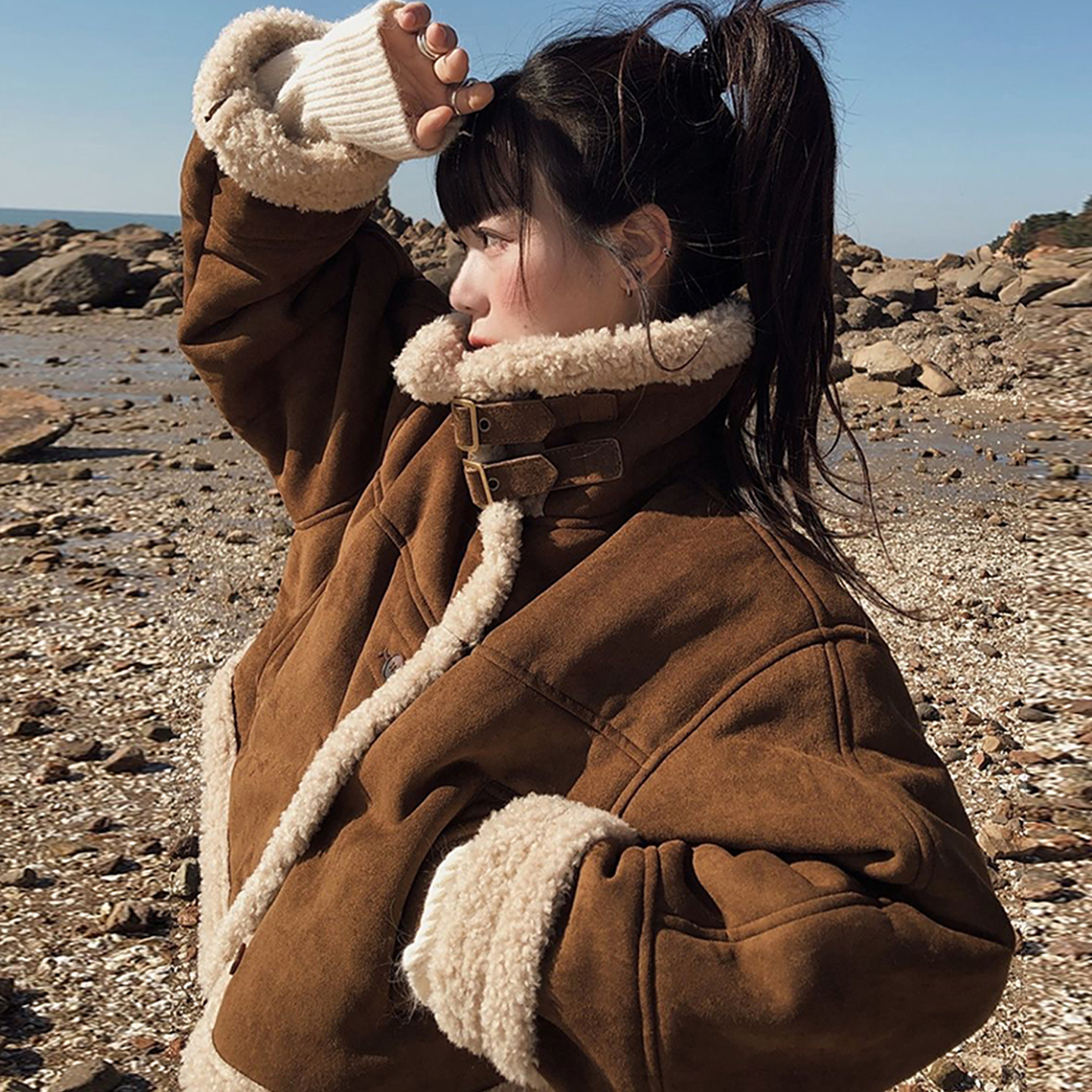 复古拼接皮毛一体羊羔毛棉服外套