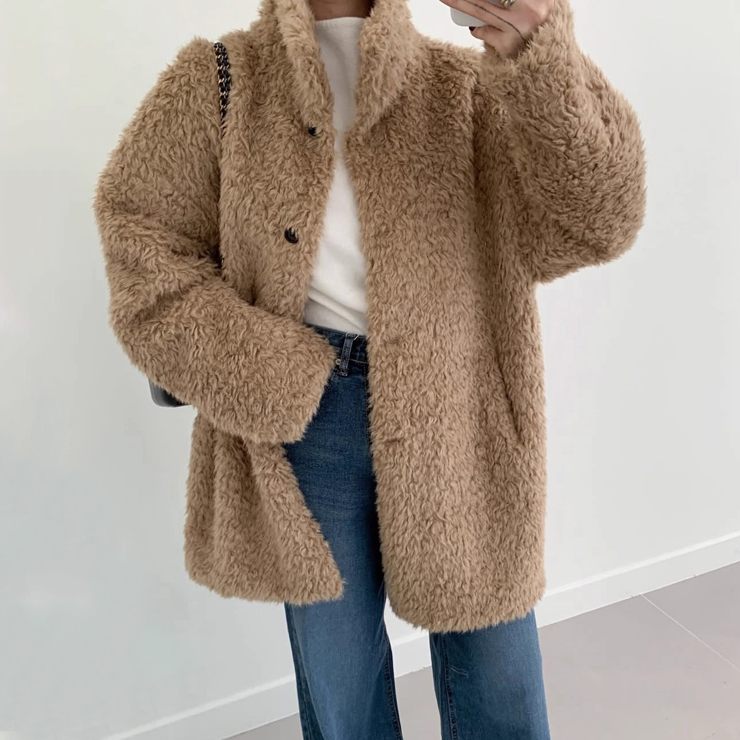 复古翻领纯色保暖仿羊羔毛外套