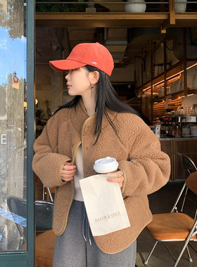 韩系小立领仿羊羔毛棉服外套女