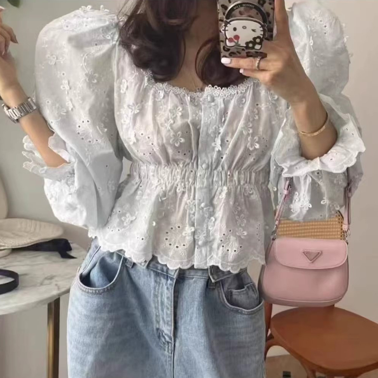 甜美减龄重工小花提花点缀单排扣衬衫女早春季新款气质百搭雪纺衫