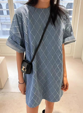 韩国chic夏季复古气质圆领菱格毛边设计宽松短袖牛仔连衣裙短裙女