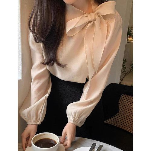 系带蝴蝶结宽松休闲长袖衬衫上衣