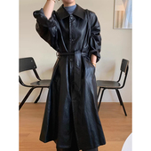 PU皮衣外套女 高级感翻领绑带收腰百搭单排扣长款 韩国chic春季 法式