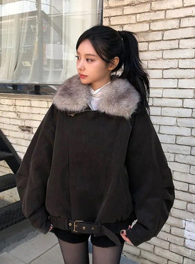 重工可拆卸毛领廓形腰带棉服外套