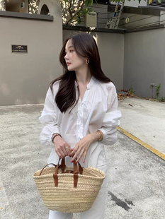 女 韩国chic春夏小众气质半开领抽绳系带设计微透百搭条纹防晒衬衫