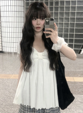 良良家甜美风白色蝴蝶结褶皱短袖T恤女夏季新款少女感独特上衣