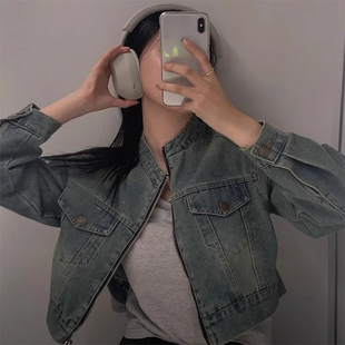 牛仔外套女 长袖 韩国chic秋季 港风气质立领双口袋设计宽松百搭短款