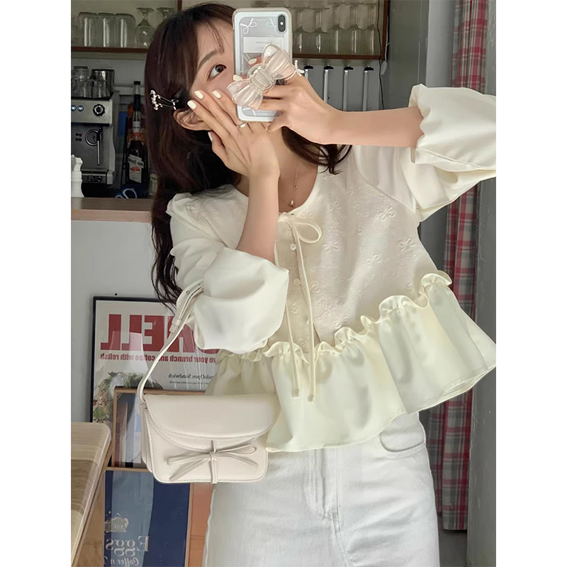 蝴蝶结印花拼接花边系带长袖衬衫