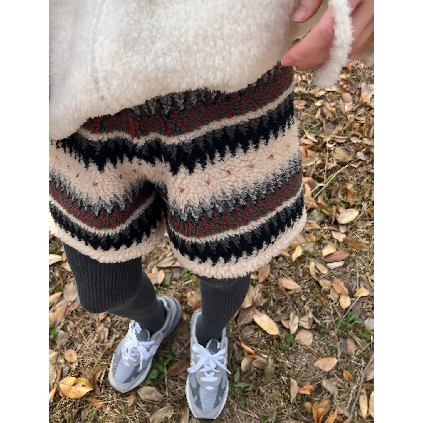 复古费尔岛提花羊羔绒外穿休闲裤女2025冬季新款高腰百搭阔腿短裤,女装/女士精品,休闲裤,淘宝优惠券,粉丝福利购,淘宝优惠卷