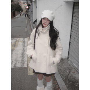 良良家韩系白色呢子大衣女秋冬新款巨好看小个子加厚保暖毛呢外套