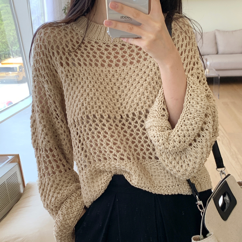 韩国chic夏季慵懒风圆领重工镂空透视设计感宽松长袖防晒针织衫女