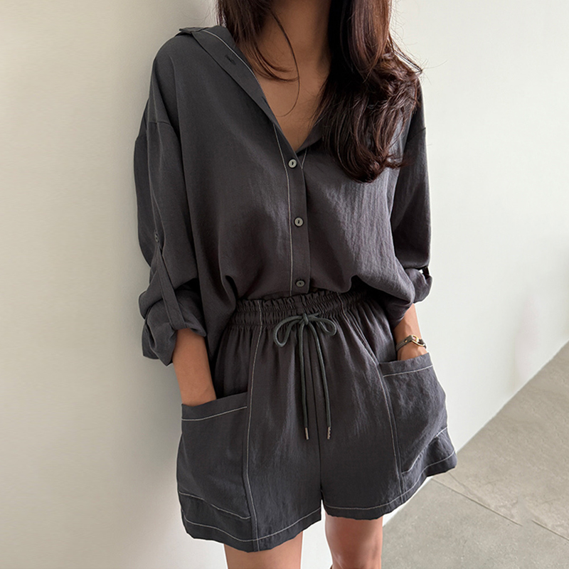 后背不规则系扣衬衫高腰休闲短裤