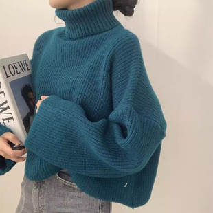 慵懒风加厚保暖纯色高领毛衣女2025冬季新款宽松短款针织衫上衣