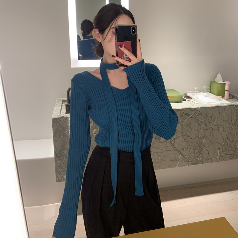 chicV领坑条修身显瘦针织毛衣女