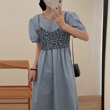 韩国chic夏季优雅圆领泡泡袖连衣裙+后背系蝴蝶结碎花背心吊带女