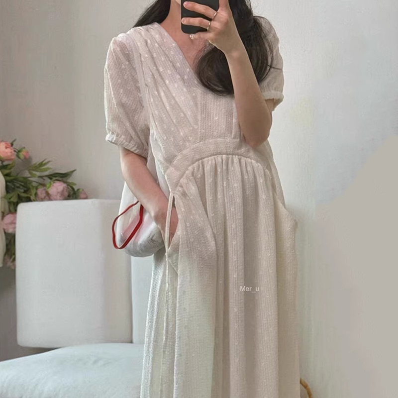 刺绣波点提花短袖连衣裙长裙