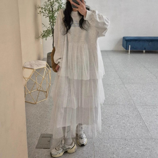 韩国chic秋季 减龄气质字母印花设计感拼接网纱蛋糕裙卫衣连衣裙女