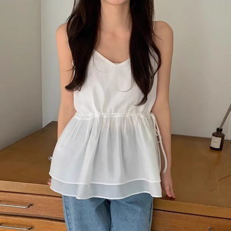 良良家侧边抽褶系带背心吊带女夏季新款甜美气质V领双层下摆上衣