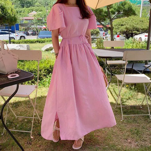 后背单排扣纯色方领短袖连衣裙女