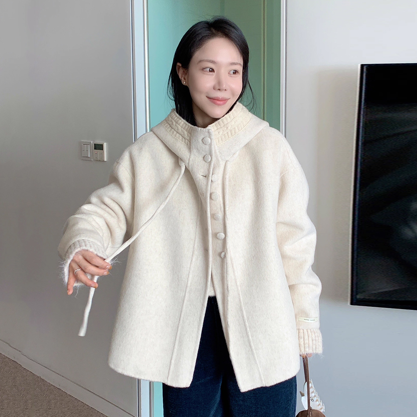 设计感拼接针织麻花连帽呢子外套