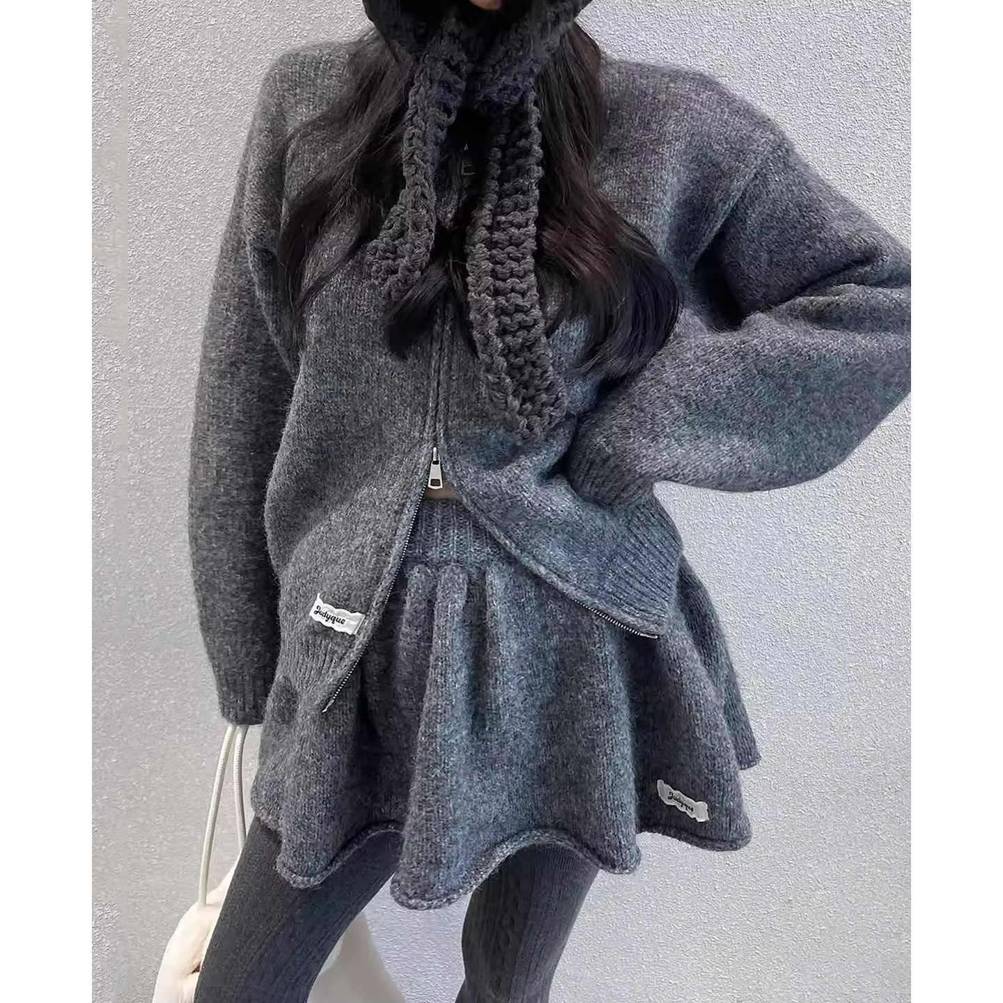 针织开衫毛衣外套高腰卷边半身裙