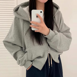 长袖 连帽卫衣外套女 简约气质双拉链宽松百搭休闲短款 韩国chic秋季