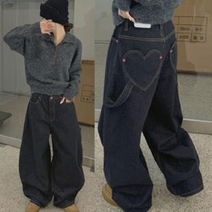设计感后背爱心口袋明线牛仔裤女秋冬季复古高腰百搭休闲裤长裤子
