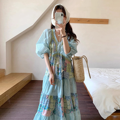 波西米亚风撞色拼接碎花连衣裙