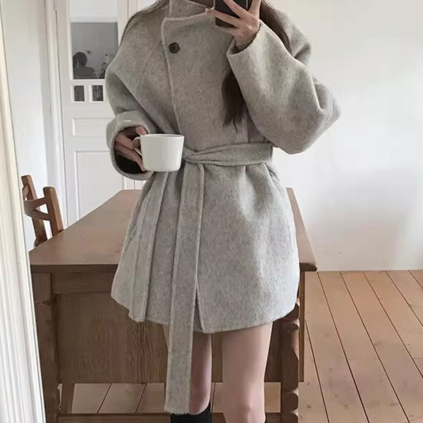 设计感立领斜边一粒扣毛呢外套