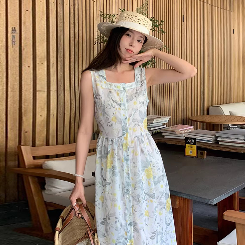 良良家度假风花色印花背心连衣裙女夏季新款小清新方领褶皱长裙子