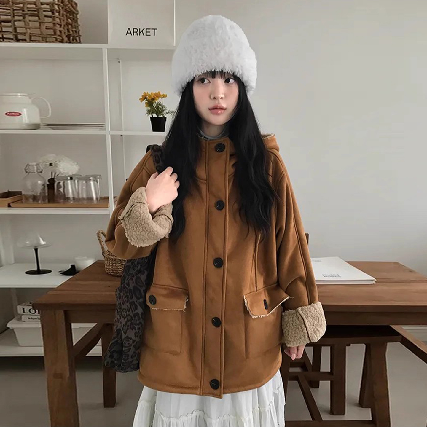 复古皮毛一体抽绳连帽鹿皮绒外套