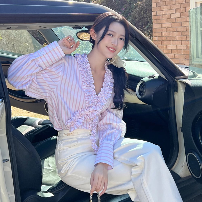 法式小众木耳花边交叉条纹衬衫女