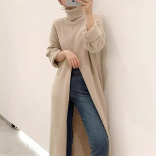 韩国chic秋季 针织毛衣 小众气质高领宽松休闲高开叉设计纯色中长款