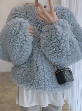 韩国chic秋冬温柔奶软蓝圆领毛绒绒设计宽松百搭长袖羊羔毛卫衣女