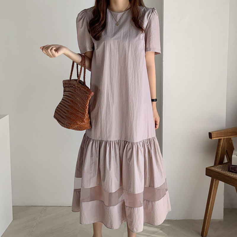 韩国chic优雅气质圆领压褶网纱