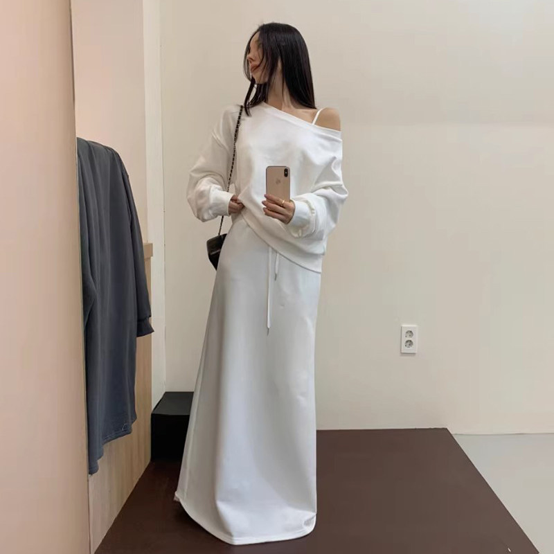 韩国chic秋季新款小众气质斜肩宽松长袖卫衣+高腰直筒半身裙套装,女装/女士精品,时尚套装,淘宝优惠券,粉丝福利购,淘宝优惠卷