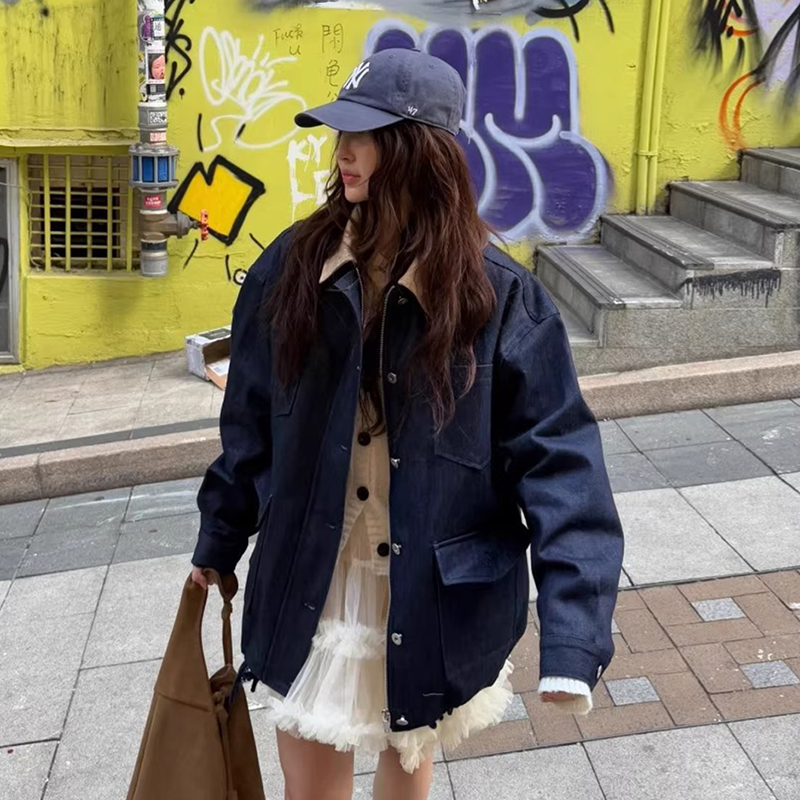 韩国chic秋季新款法式复古撞色翻领多口袋设计宽松百搭夹克外套女
