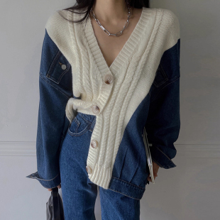 韩国chic秋季 麻花针织毛衣外套女 复古设计感V领撞色拼接牛仔长袖