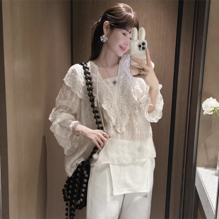 法式 新款 优雅蕾丝刺绣荷叶边娃娃领长袖 衬衫 女 良良家 雪纺衫 春季