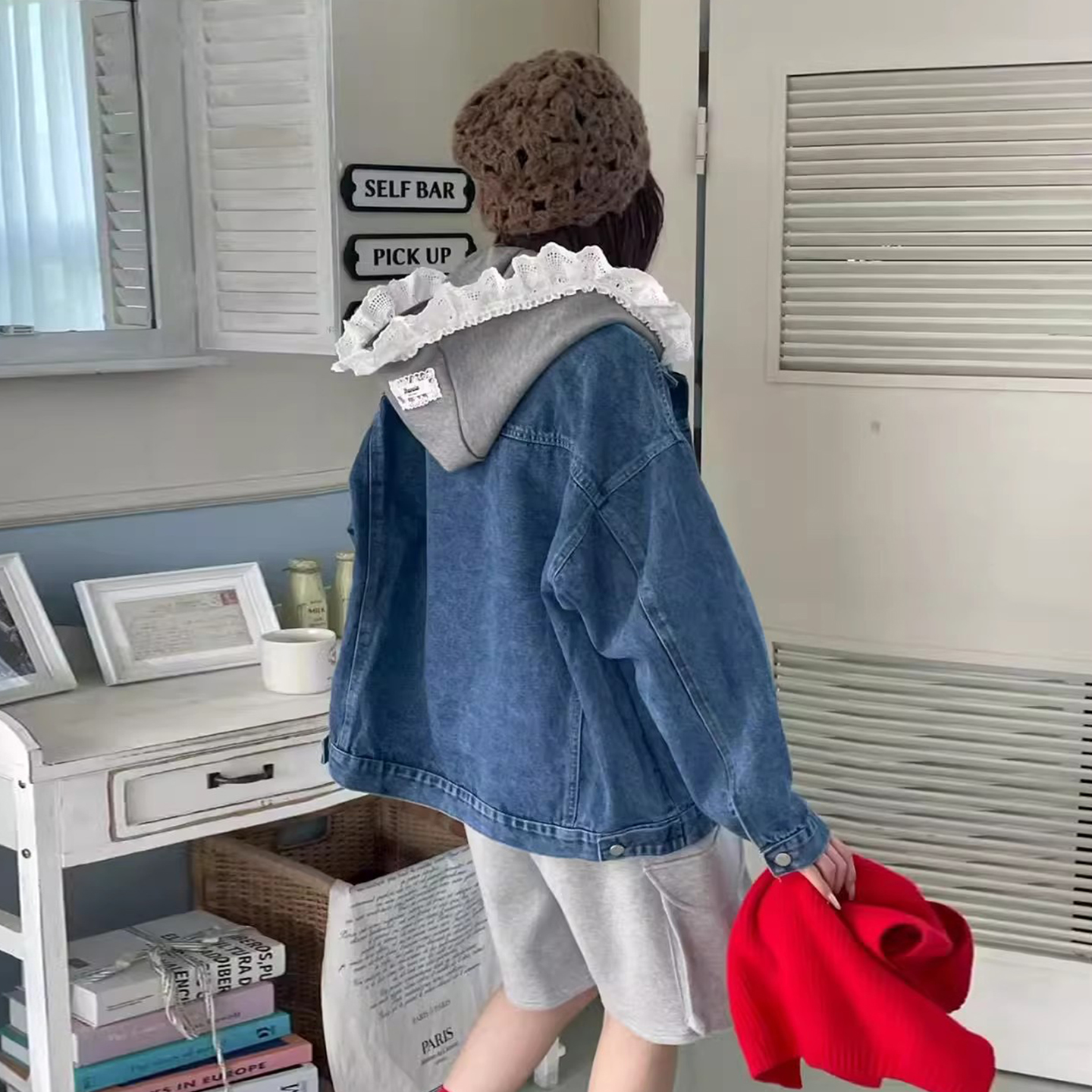 宽松百搭可拆卸花边连帽牛仔外套
